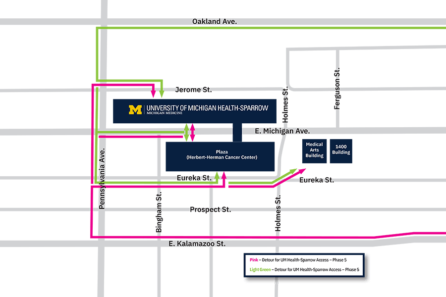 Map of Michigan Avenue Reconstruction Detour UM Health-Sparrow Lansing July 2025 Map of Michigan Avenue Reconstruction Detour UM Health-Sparrow Lansing July 2025